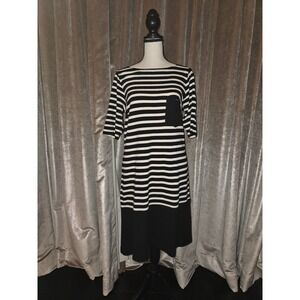 W by Worth Womens Black White Striped Boat Neck Shift Dress Short Sleeve Small